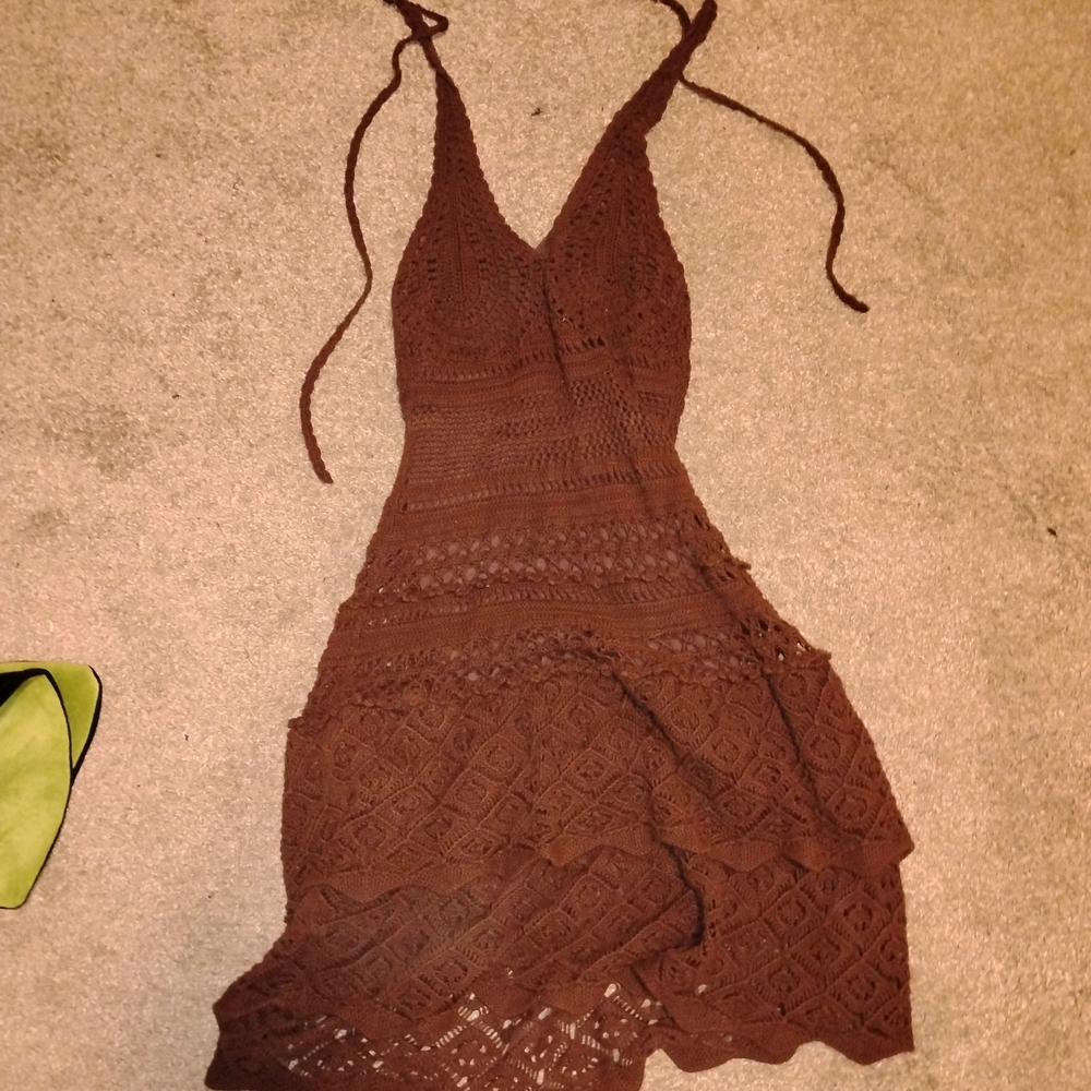 Brown Crochet Halter Dress